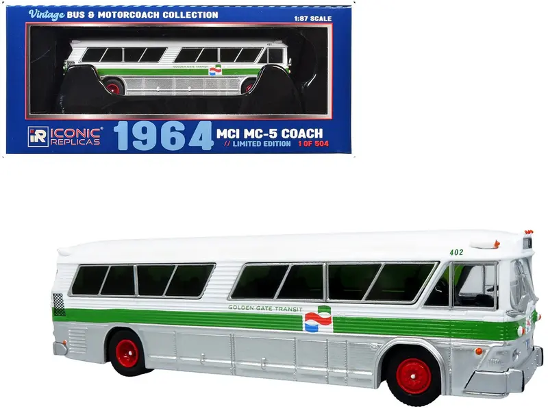 1964 MCI MC-5A Coach Bus "Golden Gate Transit" White with Green Stripes "Vintage Bus & Motorcoach Collection" Limited Edition to 504 pieces Worldwide 1/87 (HO) Diecast Model by Iconic Replicas
