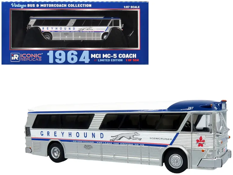 1964 MCI MC-5A Coach Bus "Greyhound Canada" White with Blue Stripes "Vintage Bus & Motorcoach Collection" Limited Edition to 504 pieces Worldwide 1/87 (HO) Diecast Model by Iconic Replicas