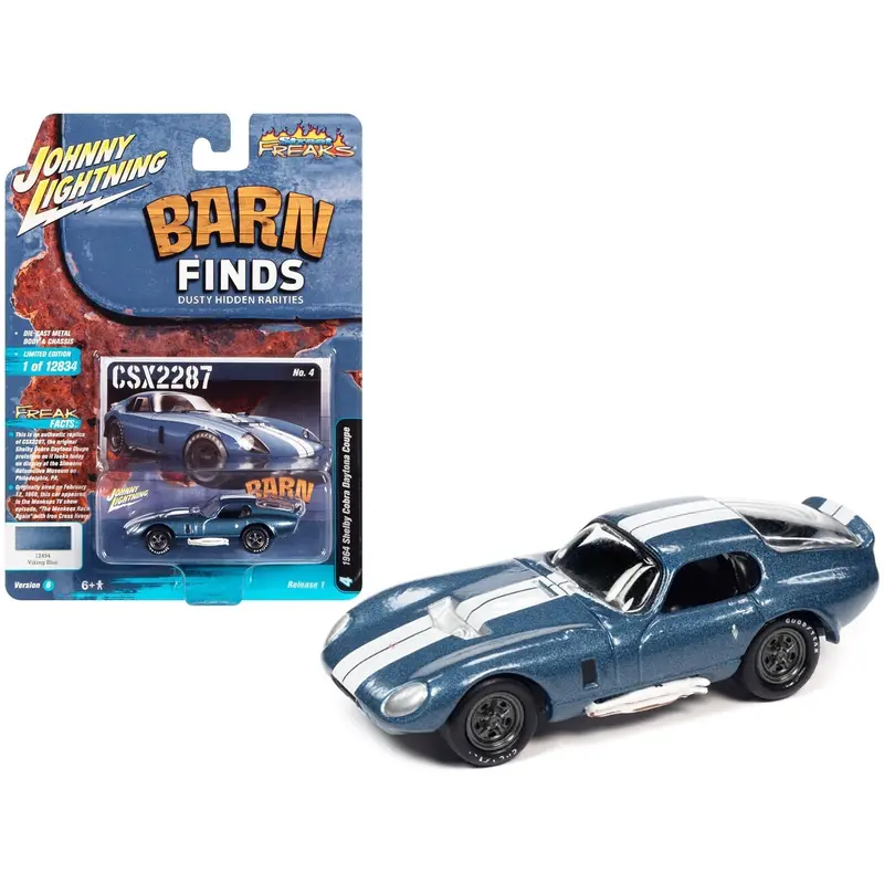 1964 Shelby Cobra Daytona Coupe Viking Blue Metallic with White Stripes "Barn Finds" Limited Edition to 12834 pieces Worldwide "Street Freaks" Series 1/64 Diecast Model Car by Johnny Lightning