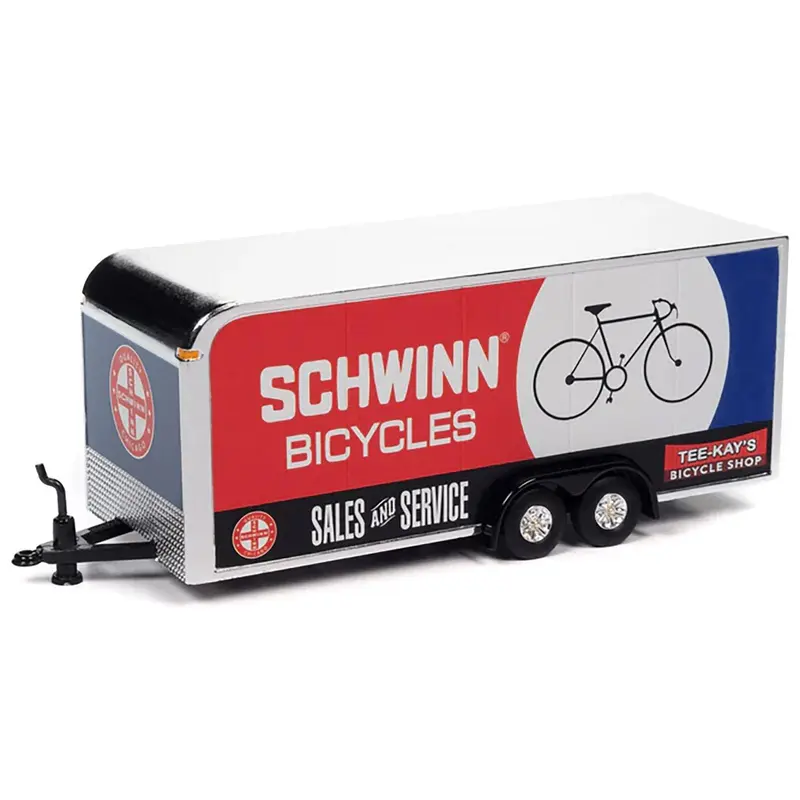 1965 Dodge A-100 Pickup Truck Blue Metallic and White with Enclosed Car Trailer "Schwinn Bicycles" "Tow & Go" Series Limited Edition to 3600 pieces Worldwide 1/64 Diecast Model Car by Johnny Lightning