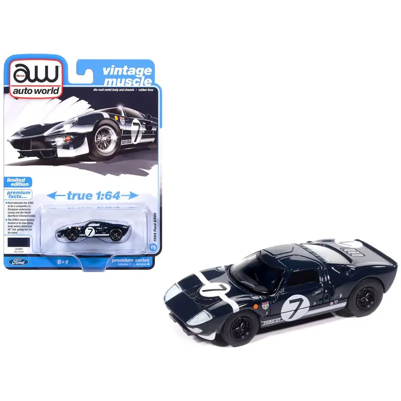 1965 Ford GT40 #7 Blue Black with White Stripes "Vintage Muscle" Series 1/64 Diecast Model Car by Auto World