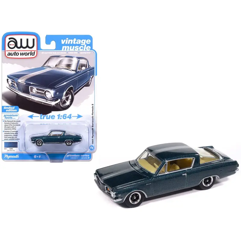 1965 Plymouth Barracuda Formula S Dark Blue Metallic with Silver Stripe "Vintage Muscle" Series 1/64 Diecast Model Car by Auto World