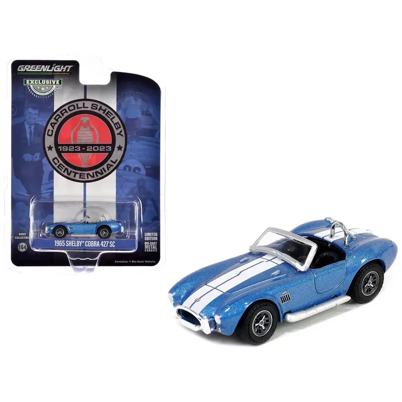 1965 Shelby Cobra 427 SC Guardsman Blue Metallic with White Stripes "Carroll Shelby Centennial" "Hobby Exclusive" Series 1/64 Diecast Model Car by Greenlight