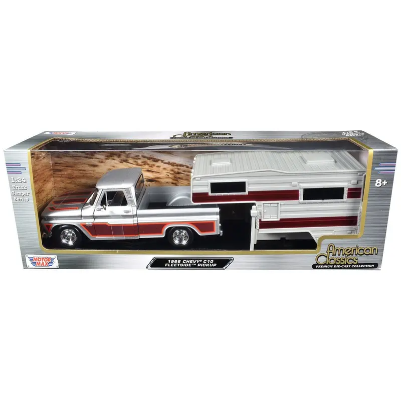 1966 Chevrolet C10 Fleetside Pickup Truck Silver Metallic with Brown Sides with Camper Shell "American Classics" Series 1/24 Diecast Model Car by Motormax