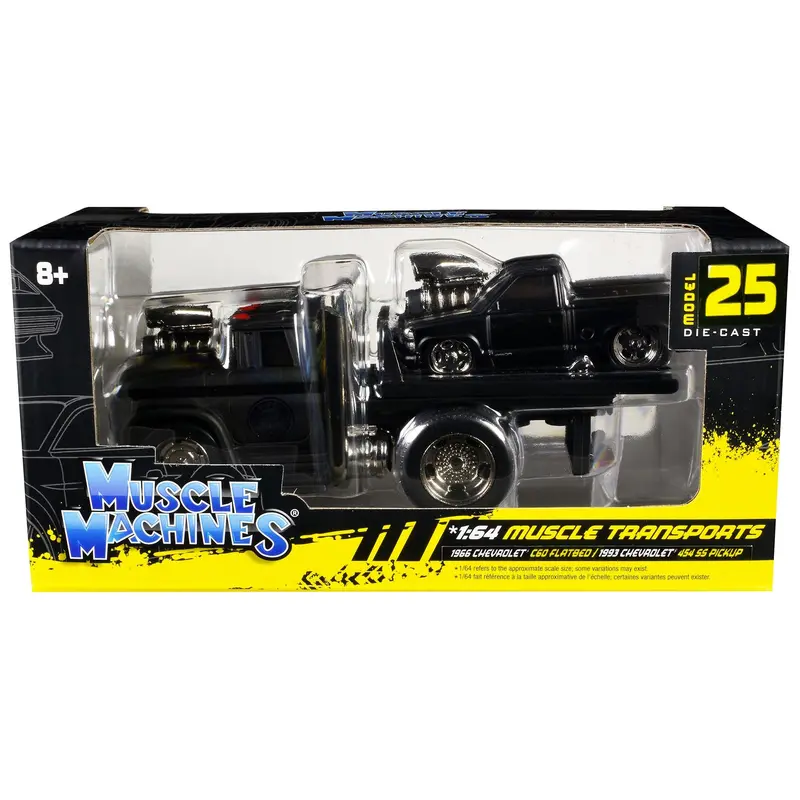 1966 Chevrolet C60 Flatbed Truck Matt Black and 1993 Chevrolet 454 SS Pickup Truck Matt Black "Muscle Transports" Series 1/64 Diecast Models by Muscle Machines