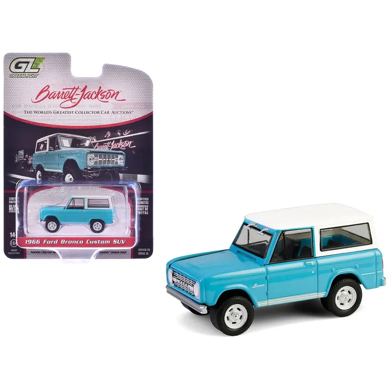 1966 Ford Bronco Custom SUV Turquoise Blue with White Top "Barrett-Jackson" Series 15 1/64 Diecast Model Car by Greenlight