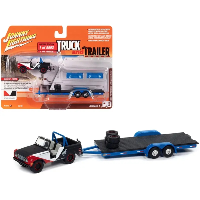 1966 Ford Bronco "Ford Performance" Black with Red and White Accents with Open Trailer Limited Edition to 9892 pieces Worldwide "Truck and Trailer" Series 1/64 Diecast Model Car by Johnny Lightning