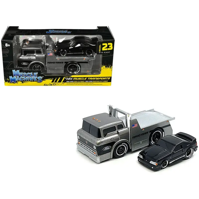 1966 Ford C600 Flatbed Truck Gray Metallic and 1993 Ford Mustang SVT Cobra Black "Toyo Tires" "Muscle Transports" Series 1/64 Diecast Models by Muscle Machines