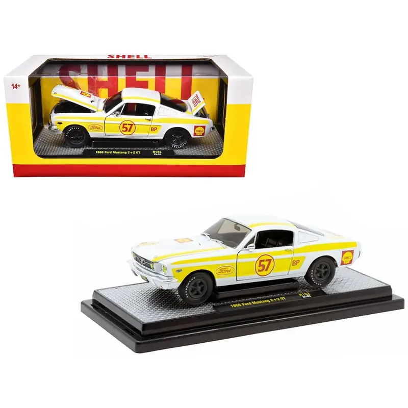 1966 Ford Mustang 2+2 GT #57 "Shell Oil" White with Yellow Stripes Limited Edition to 5650 pieces Worldwide 1/24 Diecast Model Car by M2 Machines