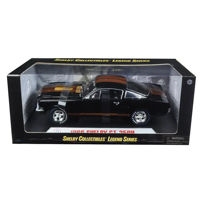 1966 Ford Mustang Shelby GT 350 "Hertz" Black with Gold Stripes and Racing Wheels 1/18 Diecast Model Car by Shelby Collectibles