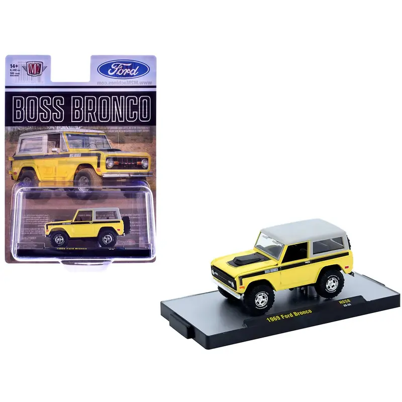 1969 Ford Bronco Yellow with Black Stripes and Gray Top Limited Edition to 6380 pieces Worldwide 1/64 Diecast Model Car by M2 Machines