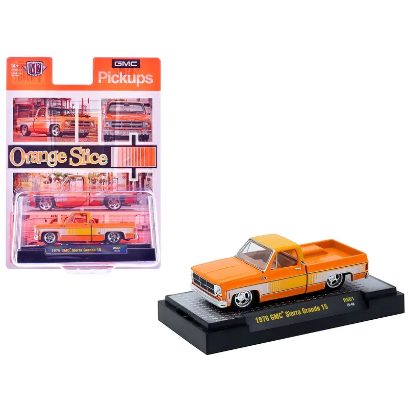 1976 GMC Sierra Grande 15 Pickup Truck Orange and white with Orange Interior Limited Edition to 15994 pieces Worldwide 1/64 Diecast Model Car by M2 Machines