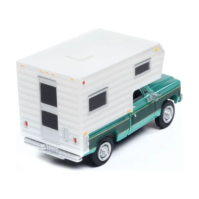 1977 Chevrolet Fleetside Pickup Truck with Camper Light Green Metallic and Dark Green "Mini Metals" Series 1/87 (HO) Scale Model Car by Classic Metal Works
