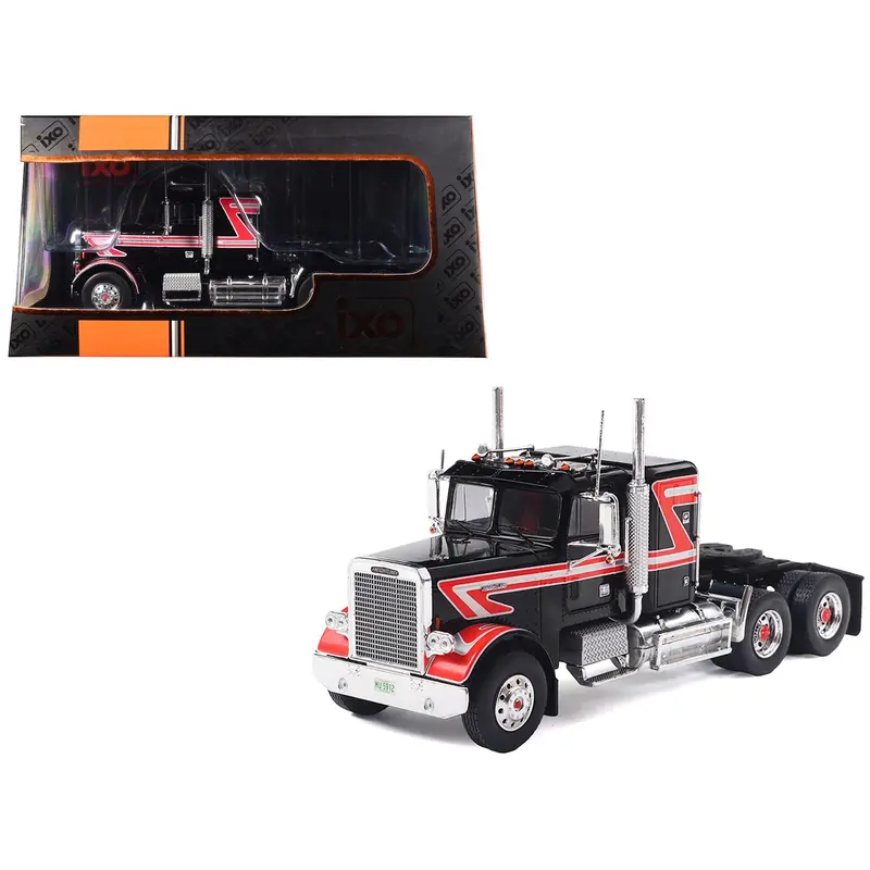 1977 Freightliner FLC 120 64 T Truck Tractor Black with Red and White Stripes 1/43 Diecast Model by IXO Models