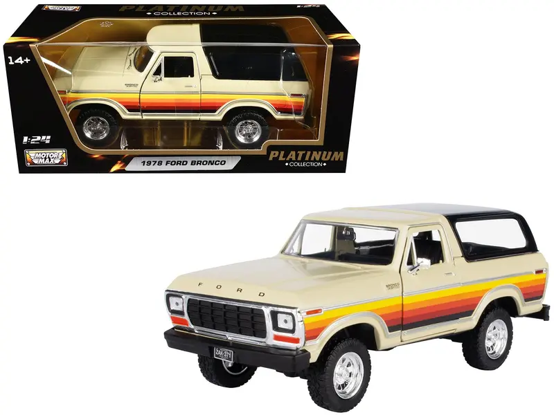 1978 Ford Bronco Custom Cream with Stripes and Black Top "Platinum Collection" Series 1/24 Diecast Model Car by Motormax