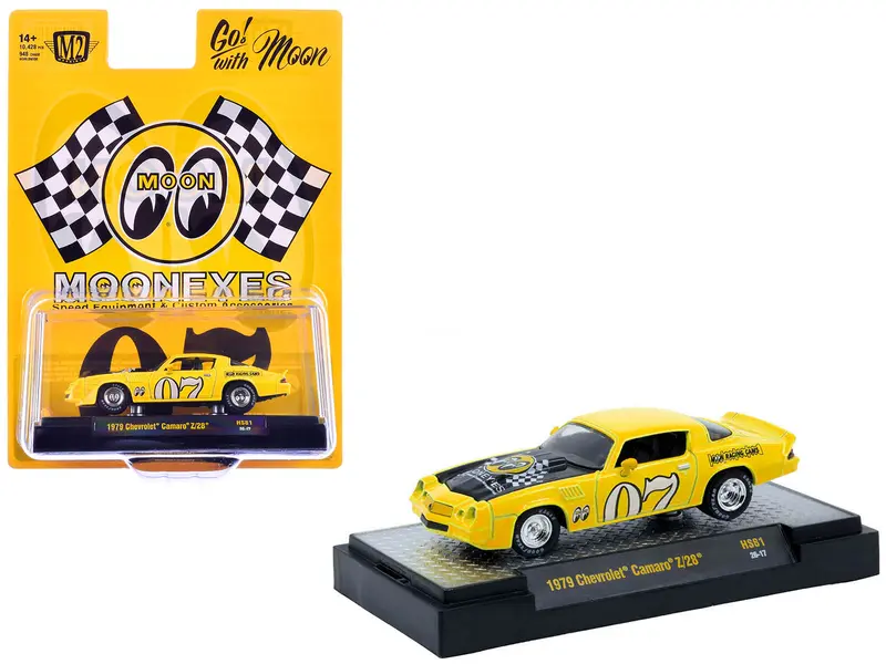 1979 Chevrolet Camaro Z/28 "MoonEyes" Yellow with Black Hood and Graphics Limited Edition to 10428 pieces Worldwide 1/64 Diecast Model Car by M2 Machines