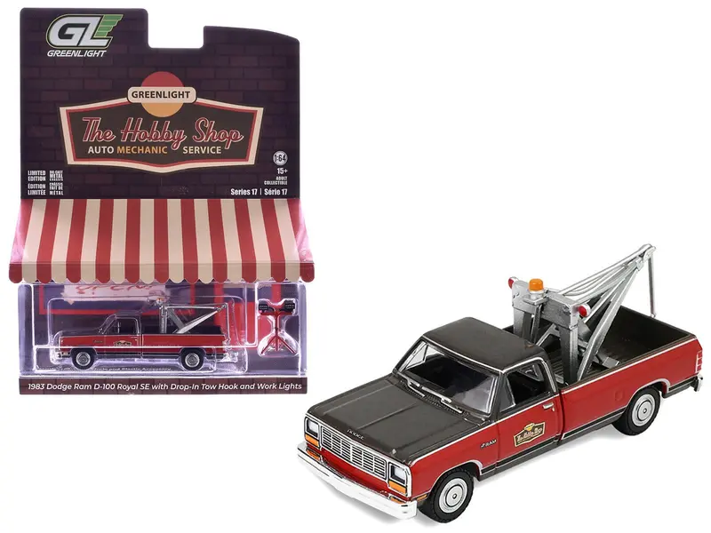 1983 Dodge Ram D-100 Royal SE Tow Truck with Drop-In Tow Hook "Hobby Shop Auto Mechanic" Brown and Red with Work Lights "The Hobby Shop" Series 17 1/64 Diecast Model Car by Greenlight