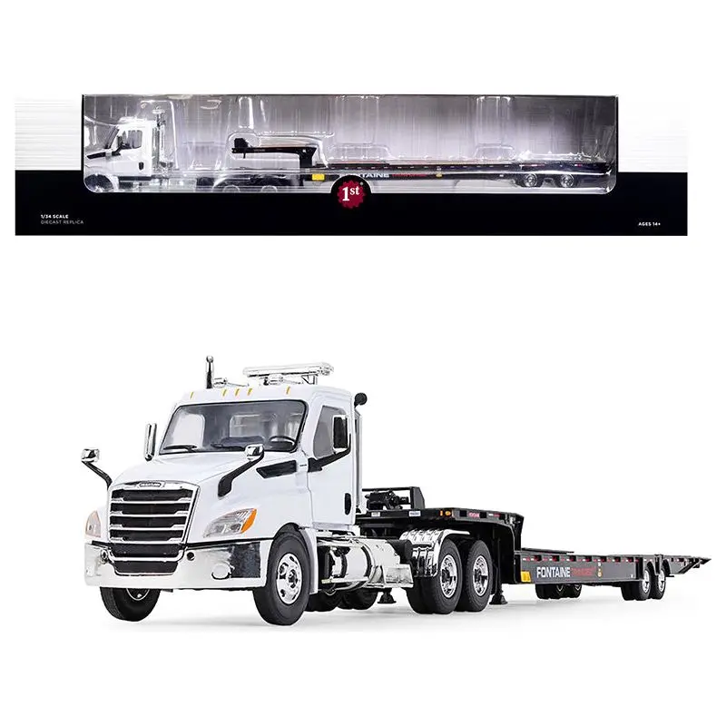 2018 Freightliner Cascadia Day Cab with Fontaine Traverse HT Hydraulic Tail Trailer White and Black 1/34 Diecast Model by First Gear