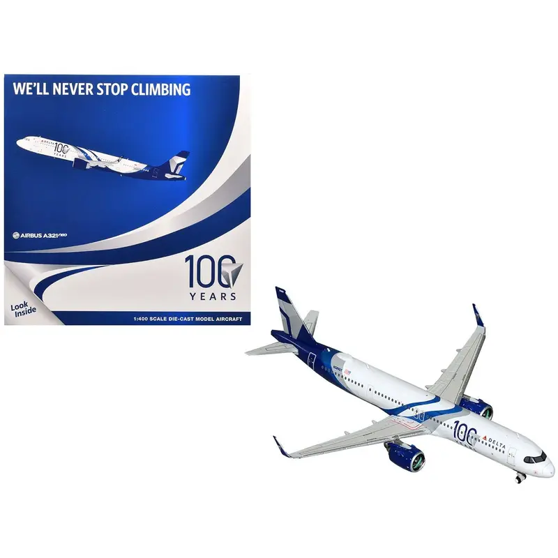 Airbus A321neo Commercial Aircraft "Delta Air Lines 100 Years" (N589DT) White and Blue with Stripes 1/400 Diecast Model Airplane by GeminiJets