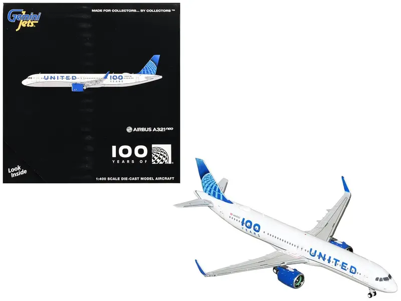 Airbus A321neo Commercial Aircraft "United Airlines 100 Years" (N44550) White with Blue Tail 1/400 Diecast Model Airplane by GeminiJets