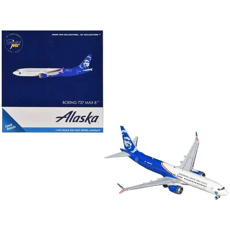 Boeing 737 MAX 8 Commercial Aircraft "Alaska Airlines - Honoring Those Who Serve" (N806AK) White and Blue 1/400 Diecast Model Airplane by GeminiJets
