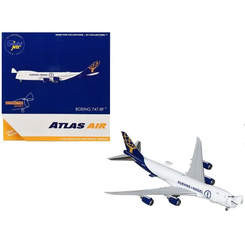 Boeing 747-8F Commercial Aircraft "Atlas Air - Kuehne+Nagel" (N862GT) White with Blue Tail "Interactive Series" 1/400 Diecast Model Airplane by GeminiJets