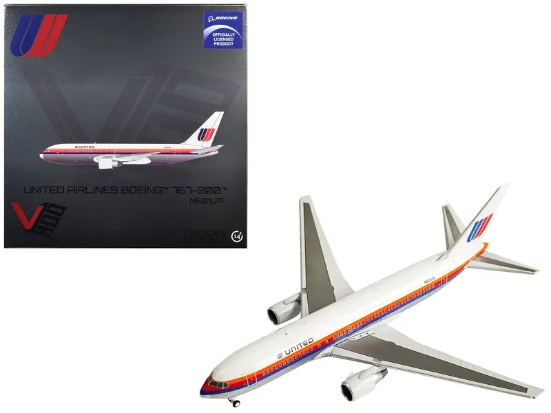 Boeing 767-200 Commercial Aircraft "United Airlines" (N601UA) White with Stripes 1/400 Diecast Model by V1