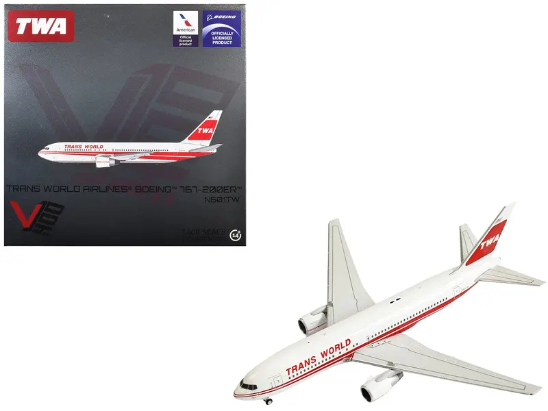 Boeing 767-200ER Commercial Aircraft "Trans World Airlines" (N601TW) White with Red Stripes 1/400 Diecast Model by V1