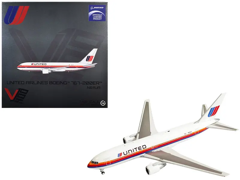 Boeing 767-200ER Commercial Aircraft "United Airlines" (N611UA) White with Stripes 1/400 Diecast Model by V1