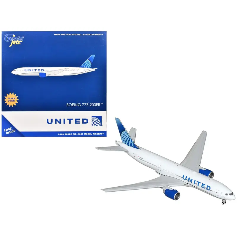 Boeing 777-200ER Commercial Aircraft with Flaps Down "United Airlines" (N798UA) White with Blue Tail 1/400 Diecast Model Airplane by GeminiJets