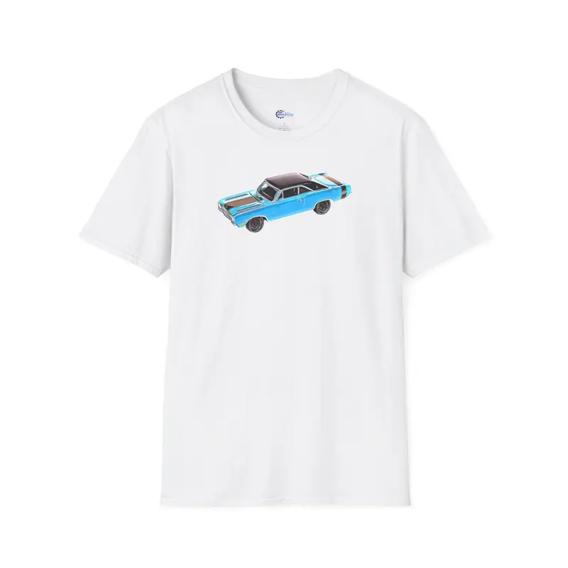 Cartoon Art 1969 Dodge Dart GTS 340 Blue with Black Top and Stripes "Goodyear Blue Streak"  Inspired T-Shirt - American Muscle