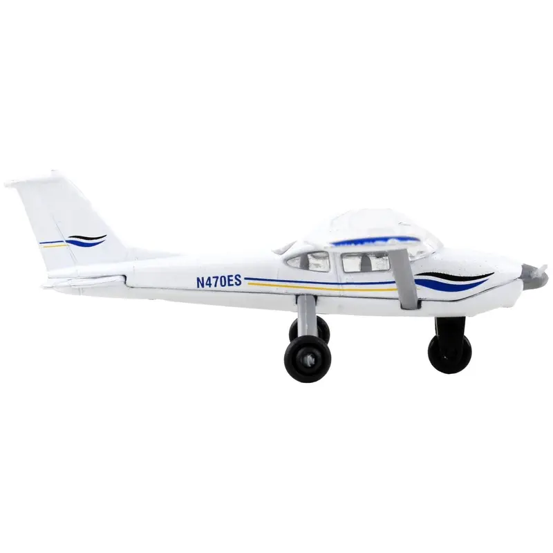 Cessna 172 Aircraft White with Blue and Yellow Stripes "N470ES" with Runway Section Diecast Model Airplane by Runway24