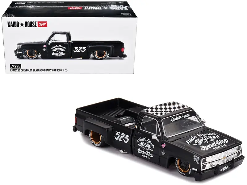 Chevrolet Silverado Dually Pickup Truck "Hot Rod V1" Matt Black with Checkered Top and Graphics (Designed by Jun Imai) "Kaido House" Special 1/64 Diecast Model Car by Mini GT