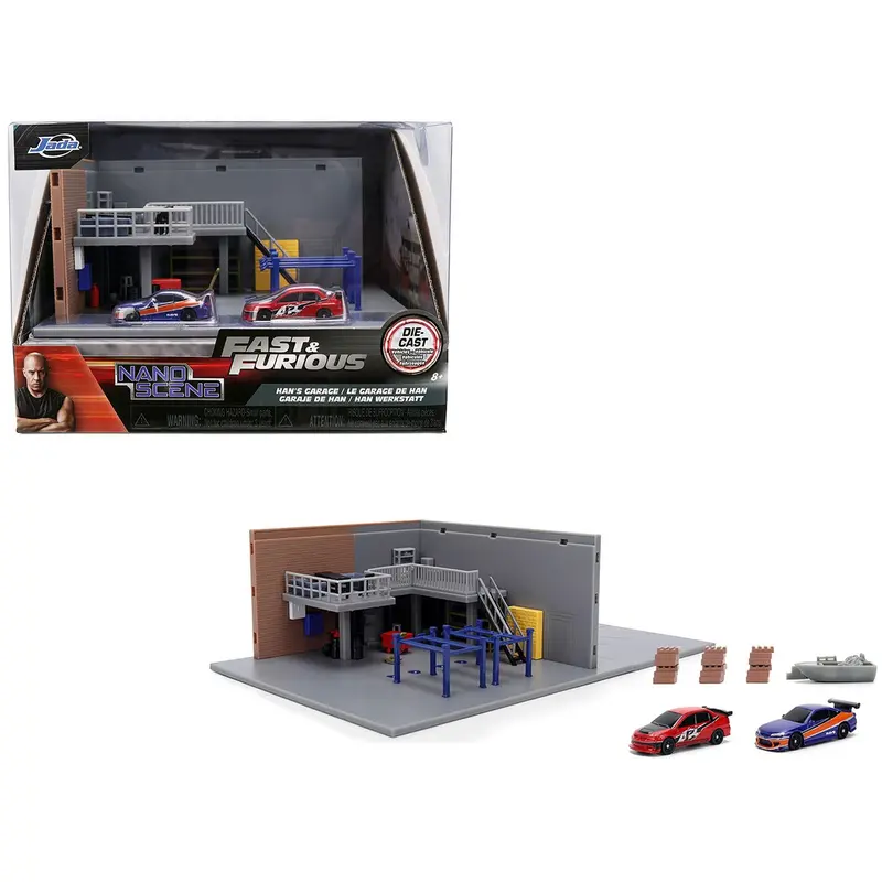 "Fast & Furious" Han's Garage Diorama with 2 Cars and Accessories "Nano Scene" Series 1/32 Model by Jada