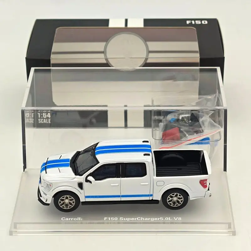 Fine Works64 x Mini Kars 1/64 F-150 Carroll Shelby Pickup Sport Truck Model Pearl White Stripe Diecast Model Car Collection - with Accessories