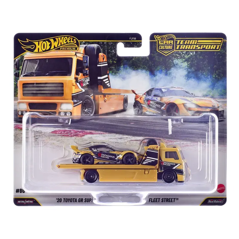 Fleet Street Flatbed Truck Yellow with Graphics and 2020 Toyota GR Supra #15 Yellow with Black Graphics "Papadakis Racing" "Team Transport - Car Culture" Series Diecast Model Cars by Hot Wheels