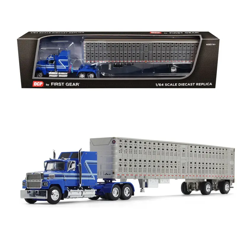 Ford LTL 9000 60" Aerodyne Sleeper with Wilson PSAL Stockmaster Livestock Trailer Blue with Stripes 1/64 Diecast Model by DCP/First Gear