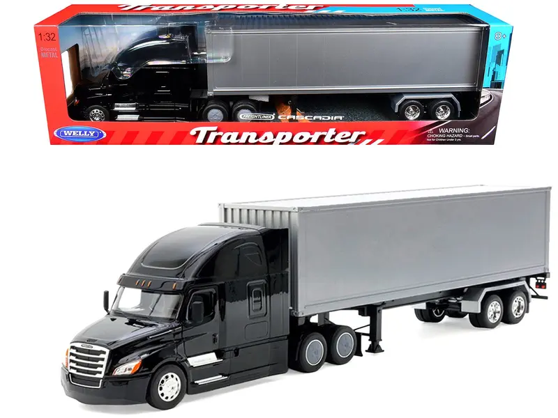 Freightliner Cascadia Truck Black with Silver Container "Transporter" Series 1/32 Diecast Model by Welly