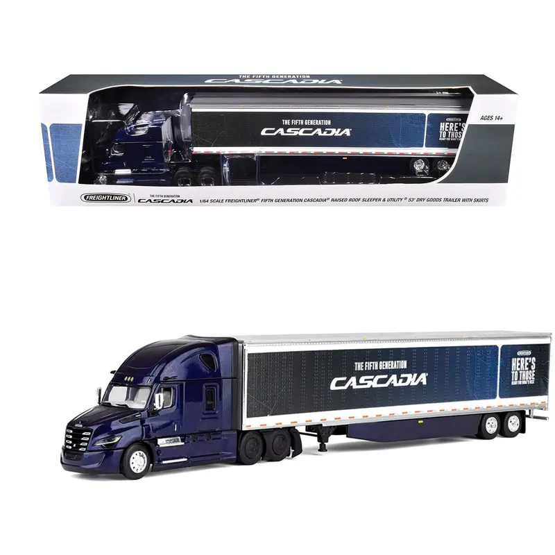 Freightliner Fifth Generation Cascadia Raised Roof Sleeper & 53' Utility Trailer with Skirts Midnight Blue 1/64 Diecast Model by DCP/First Gear