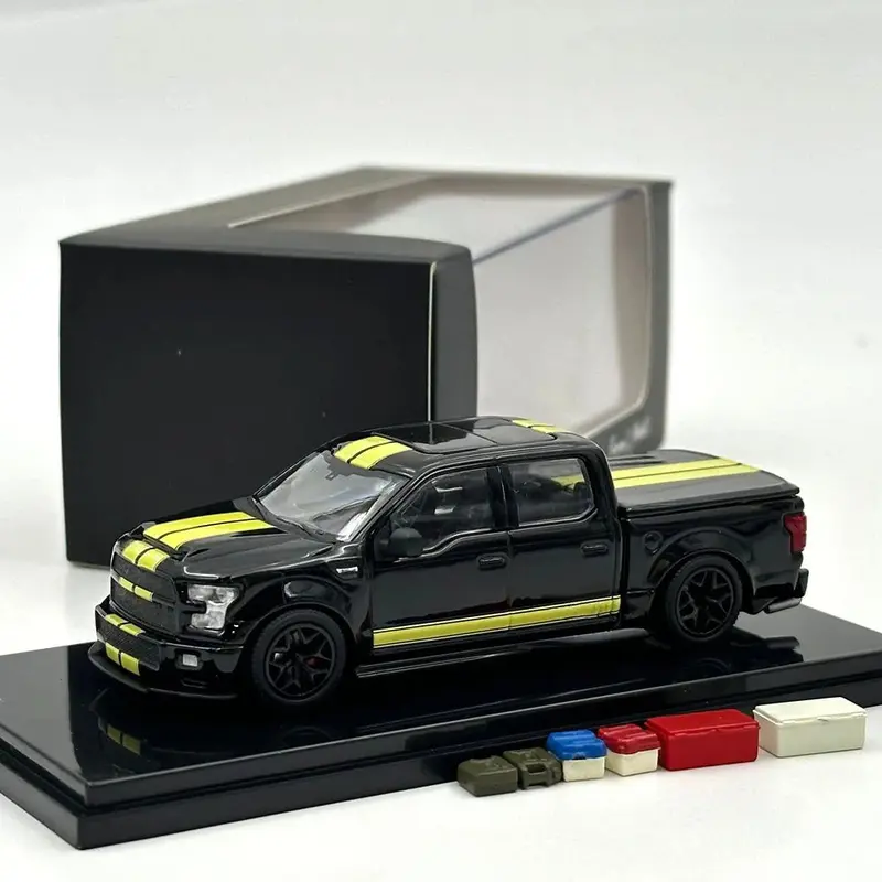 Funny Model 1/64 SHELBY F-150 Shelby Super Snake Pickup Black Yellow Stripes Diecast Model Car Collection