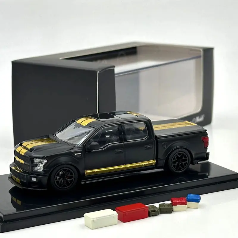 Funny Model 1/64 SHELBY F-150 Shelby Super Snake Pickup Matt Black Gold Stripes Diecast Model Car Collection