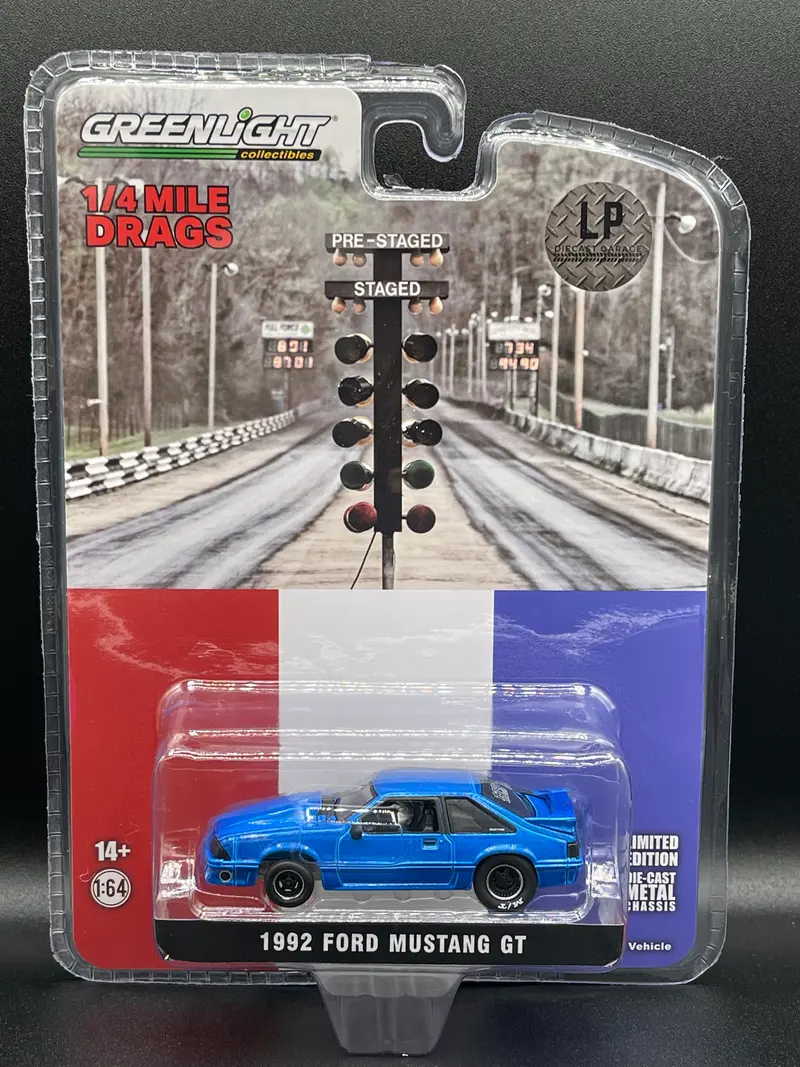 GREENLIGHT 1992 Ford Mustang GT Blue Drag Car LP Exclusive 1