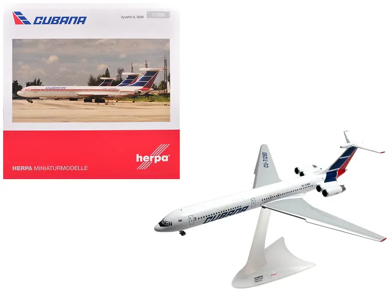 Ilyushin IL-62M Commercial Aircraft "Cubana de Aviacion" (T1280) White with Blue and Red Tail 1/200 Diecast Model Airplane by Herpa