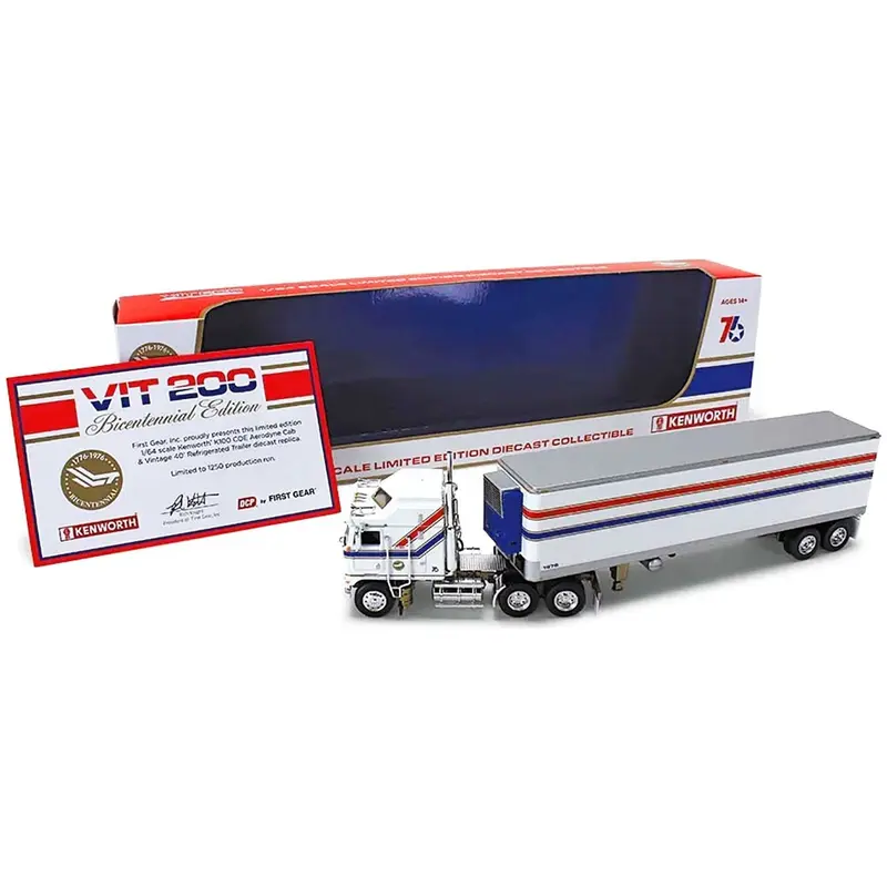 Kenworth K100 COE Aerodyne Sleeper and 40' Vintage Refrigerated Tandem-Axle Trailer White with Stripes "VIT200 Bicentennial" 1/64 Diecast Model by DCP/First Gear