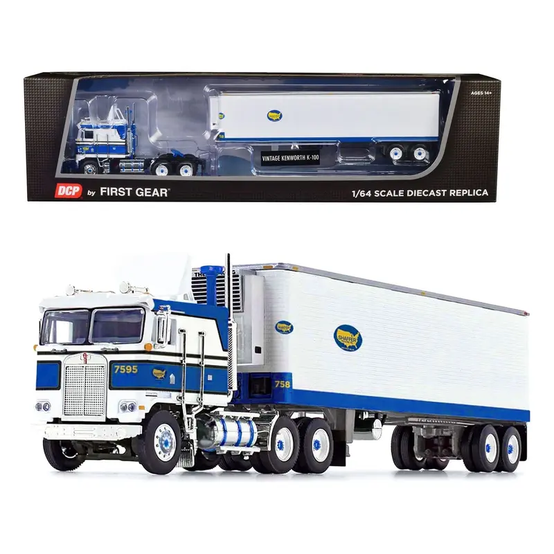 Kenworth K100 COE Flat Top with Vintage Air Foil and 40' Vintage Refrigerated Trailer Blue and White "Shaffer Trucking" 1/64 Diecast Model by DCP/First Gear