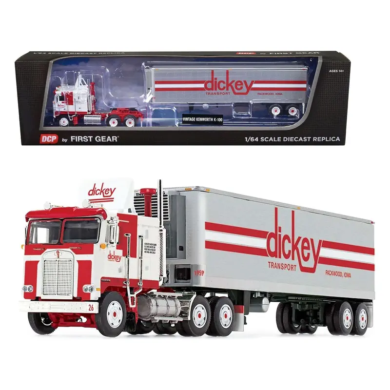 Kenworth K100 COE with 40' Vintage Refrigerated Trailer "Dickey Transport" White and Red 1/64 Diecast Model by DCP/First Gear