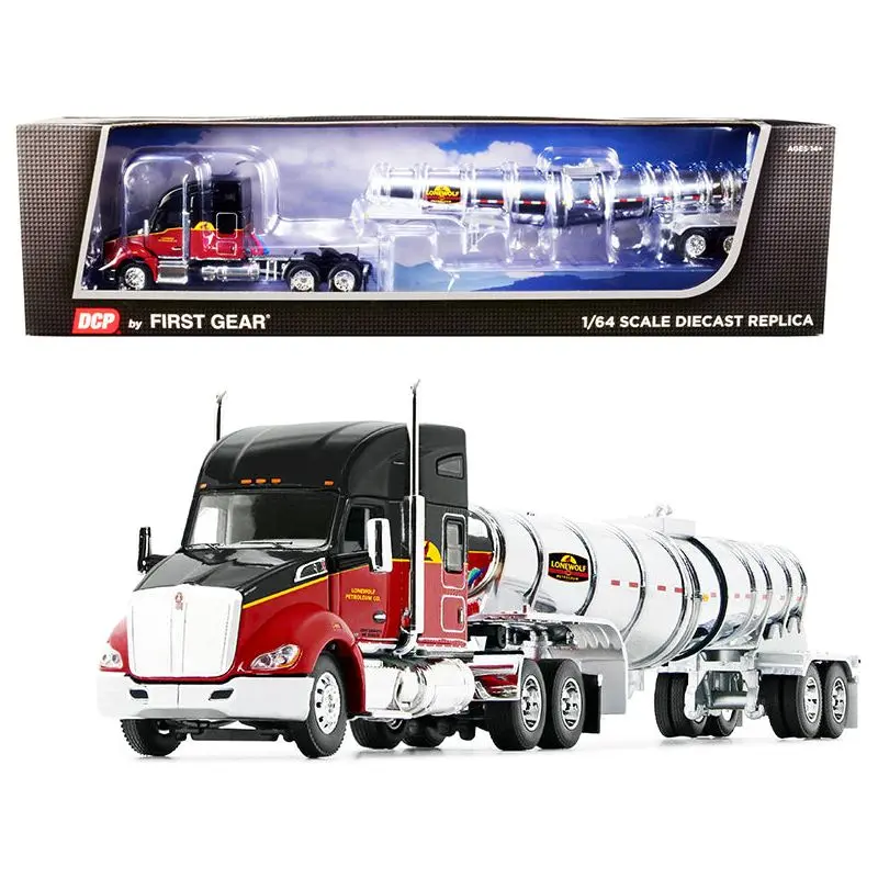 Kenworth T680 76" Mid-Roof Sleeper Cab Black and Red and Chrome Polar Deep Drop Tanker "Lonewolf Petrolum Co." 1/64 Diecast Model by DCP/First Gear
