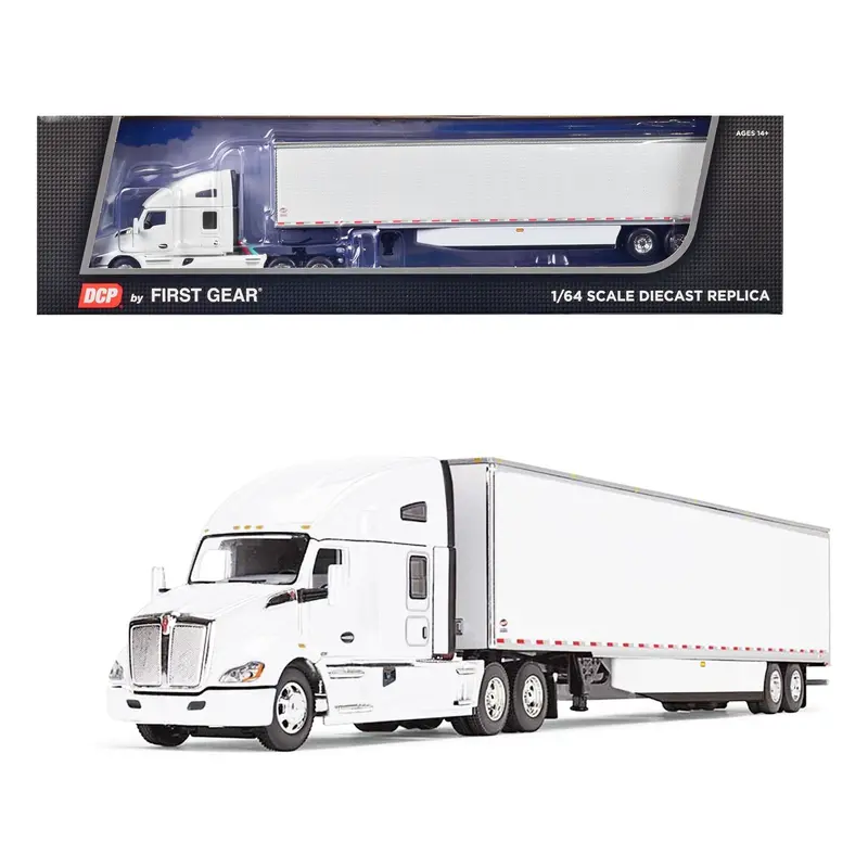 Kenworth T680 with 76" High Roof Sleeper and 53' Smooth Sided Dry Goods Trailer White 1/64 Diecast Model by DCP/First Gear