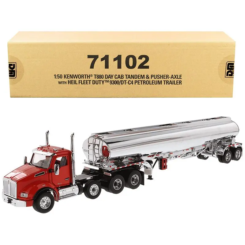 Kenworth T880 Day Cab Tandem Truck with Pusher-Axle and Heil Fleet Duty 9300/DT-C4 Petroleum Tanker Trailer Red and Chrome "Transport Series" 1/50 Diecast Model by Diecast Masters
