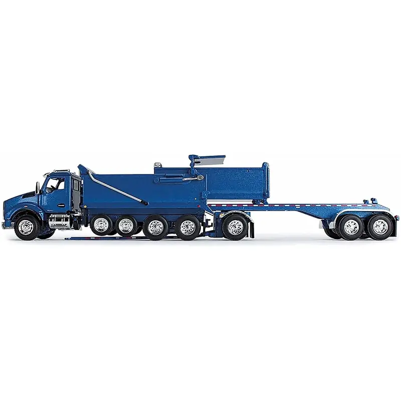 Kenworth T880 Quad-Axle Dump Truck and Rogue Transfer Tandem-Axle Dump Trailer Surf Blue Metallic 1/64 Diecast Model by DCP/First Gear